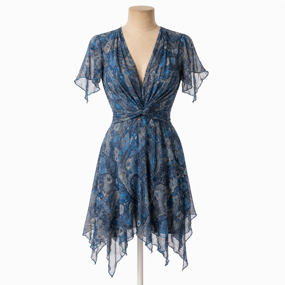 Vintage Y2K 100% Silk Handkerchief Hem Wrap Dress Size S Blue Sheer Fairy Grunge